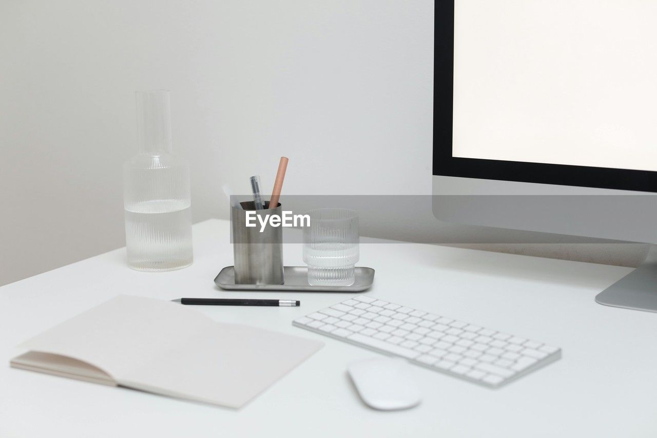 high angle view of computer on table