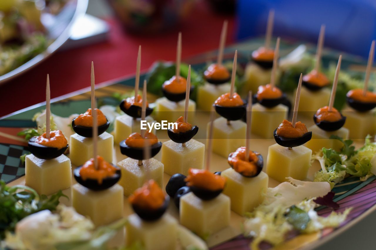 Close-up of appetisers served on table