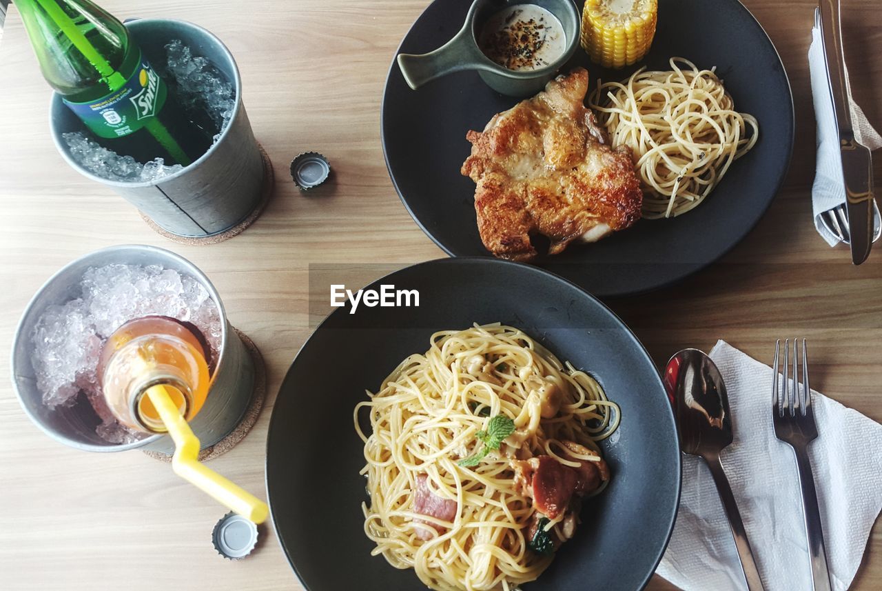 HIGH ANGLE VIEW OF FOOD IN PLATE ON TABLE