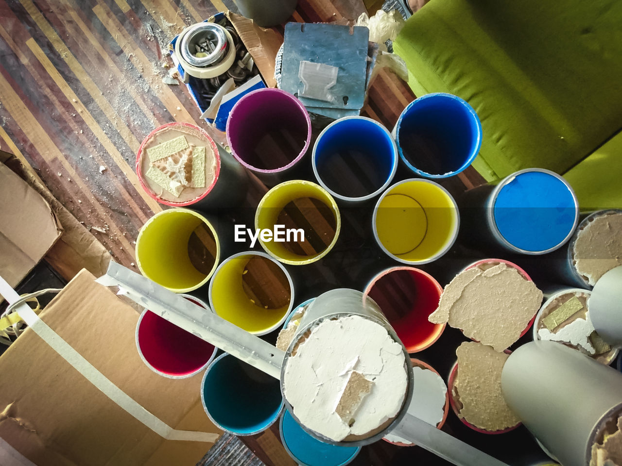 HIGH ANGLE VIEW OF MULTI COLORED KITCHEN