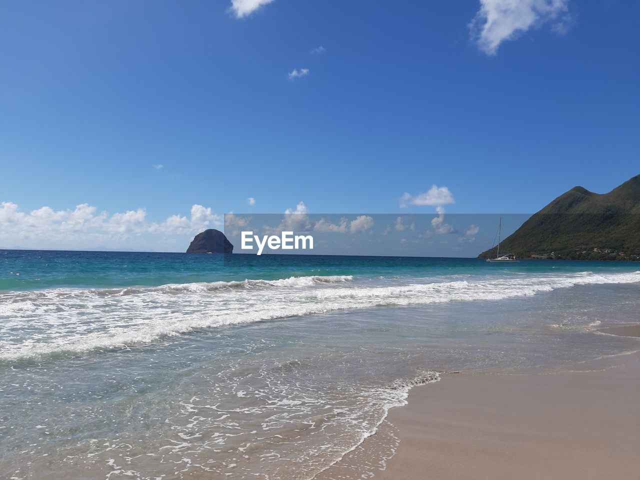 SCENIC VIEW OF BEACH AGAINST BLUE SKY