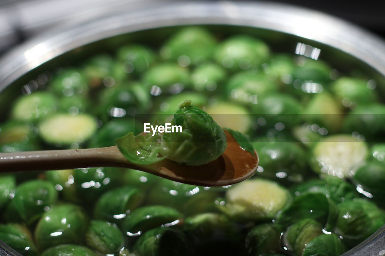 Close-up of brussel sprout on wooden spoon 