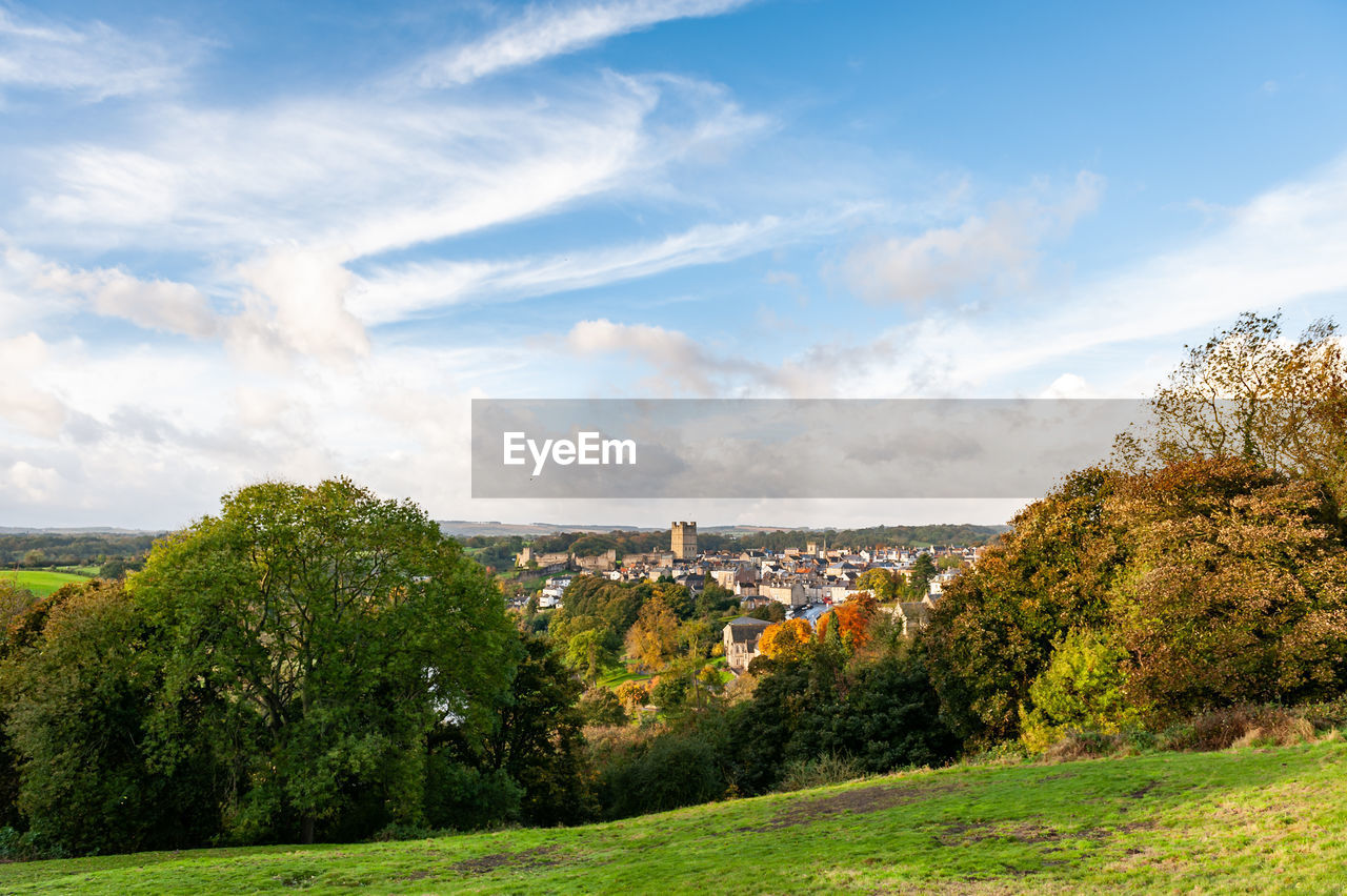 Wide view of richmond, north yorkshire including the castle and autumn colours