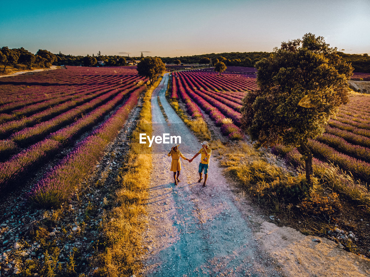 High angle view of couple walking on field against sky