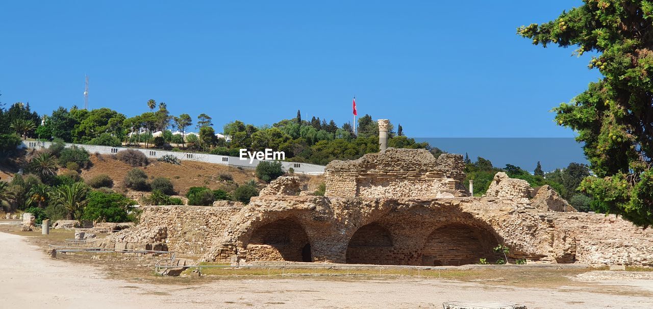 ruins, ancient history, architecture, history, tree, nature, plant, the past, vacation, sky, ancient, archaeological site, fortification, blue, travel destinations, land, travel, clear sky, built structure, no people, sunny, wadi, environment, landscape, outdoors, sea, old ruin, historic site, tourism, day, building, temple, village, sunlight