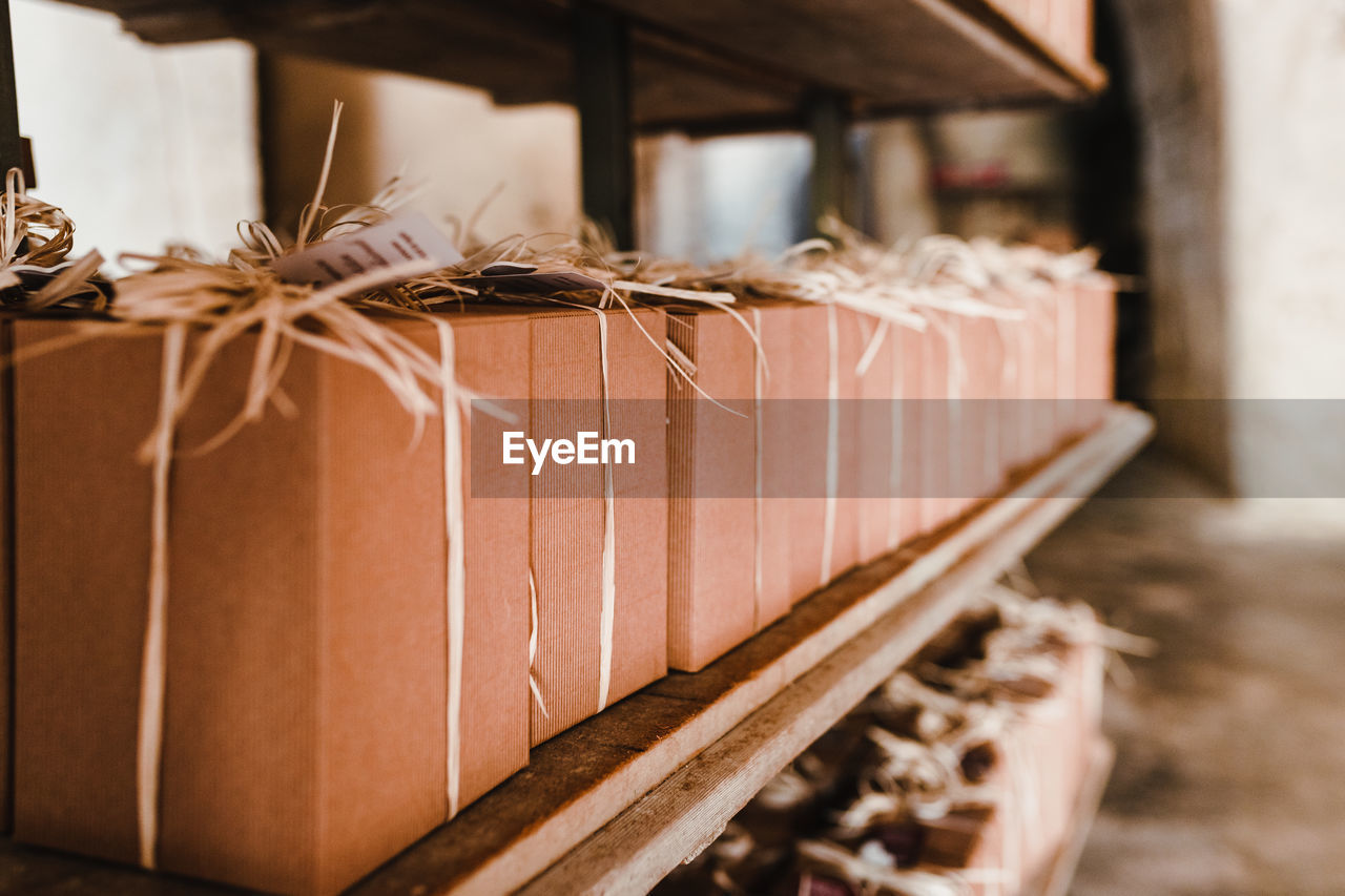 Close-up on gift packs in the artisan workshop of grottaglie, puglia