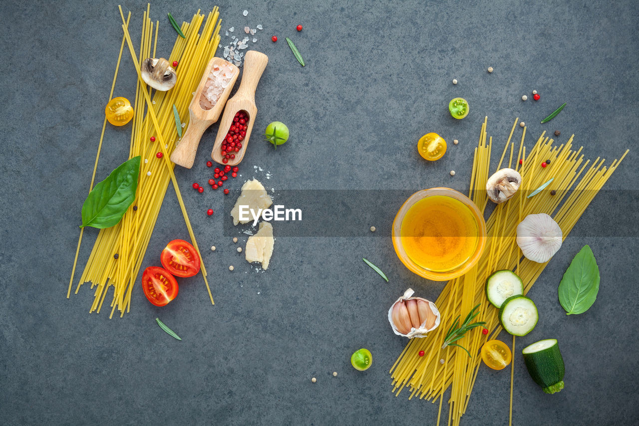 High angle view of various food on marble