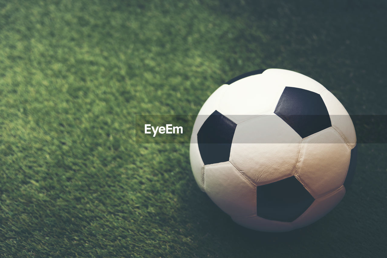 High angle view of soccer ball on field