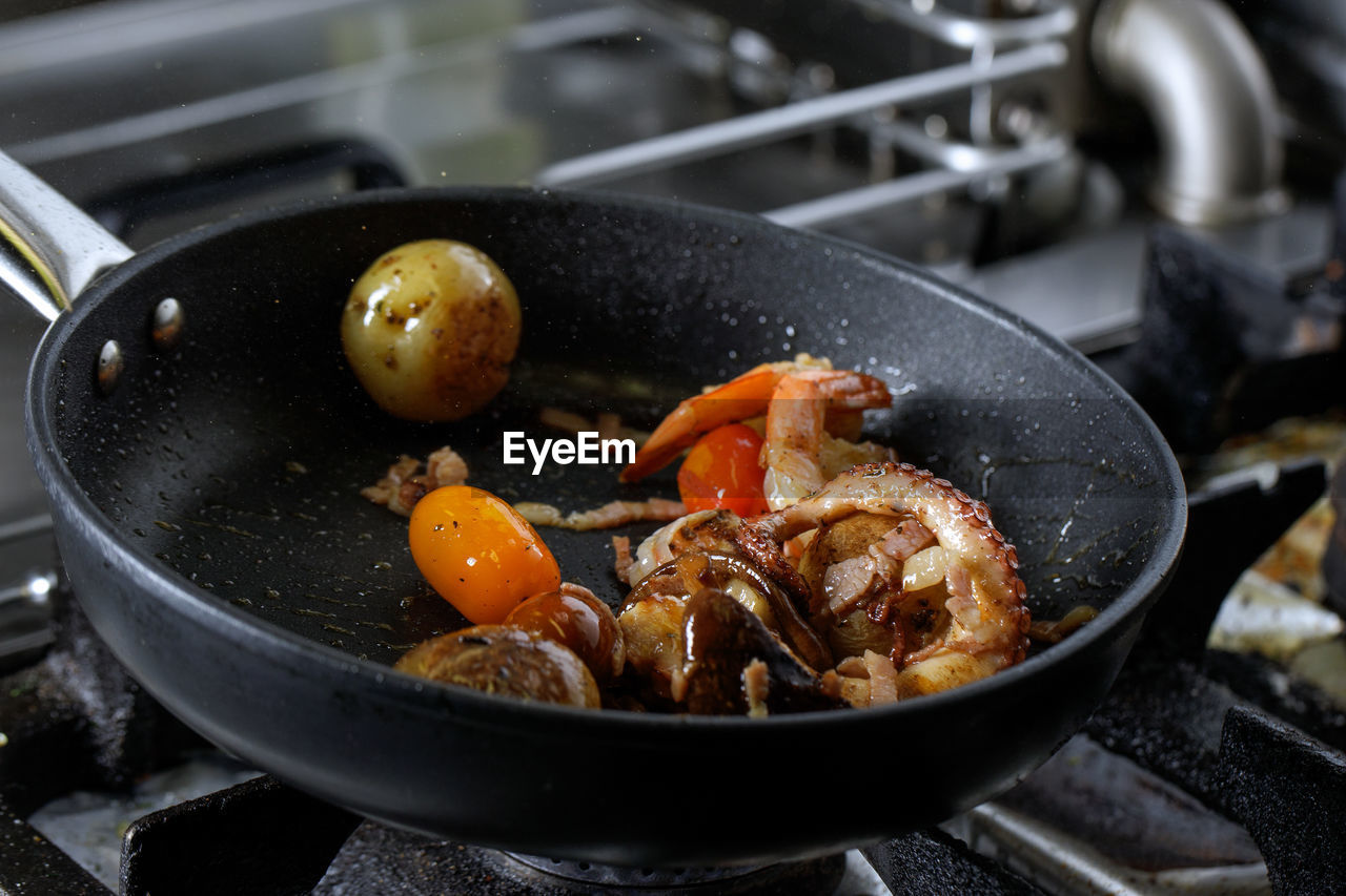 high angle view of food in cooking pan