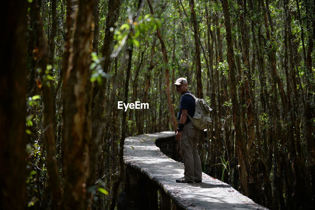 Side view of man walking on footbridge in forest