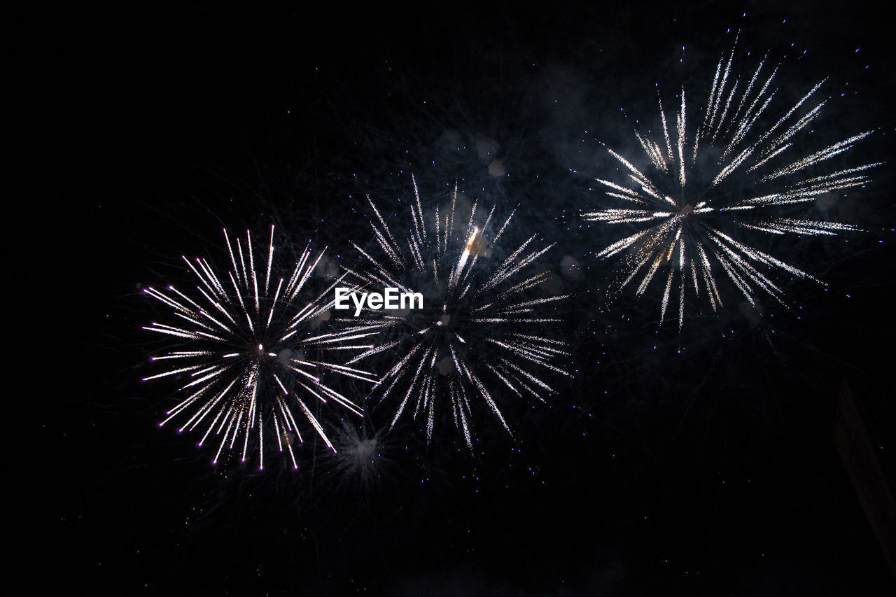 LOW ANGLE VIEW OF FIREWORKS AGAINST SKY AT NIGHT