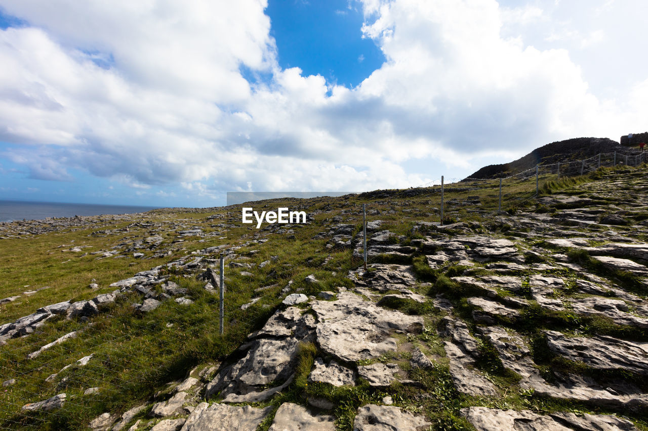 Countryside landscape against cloudy sky