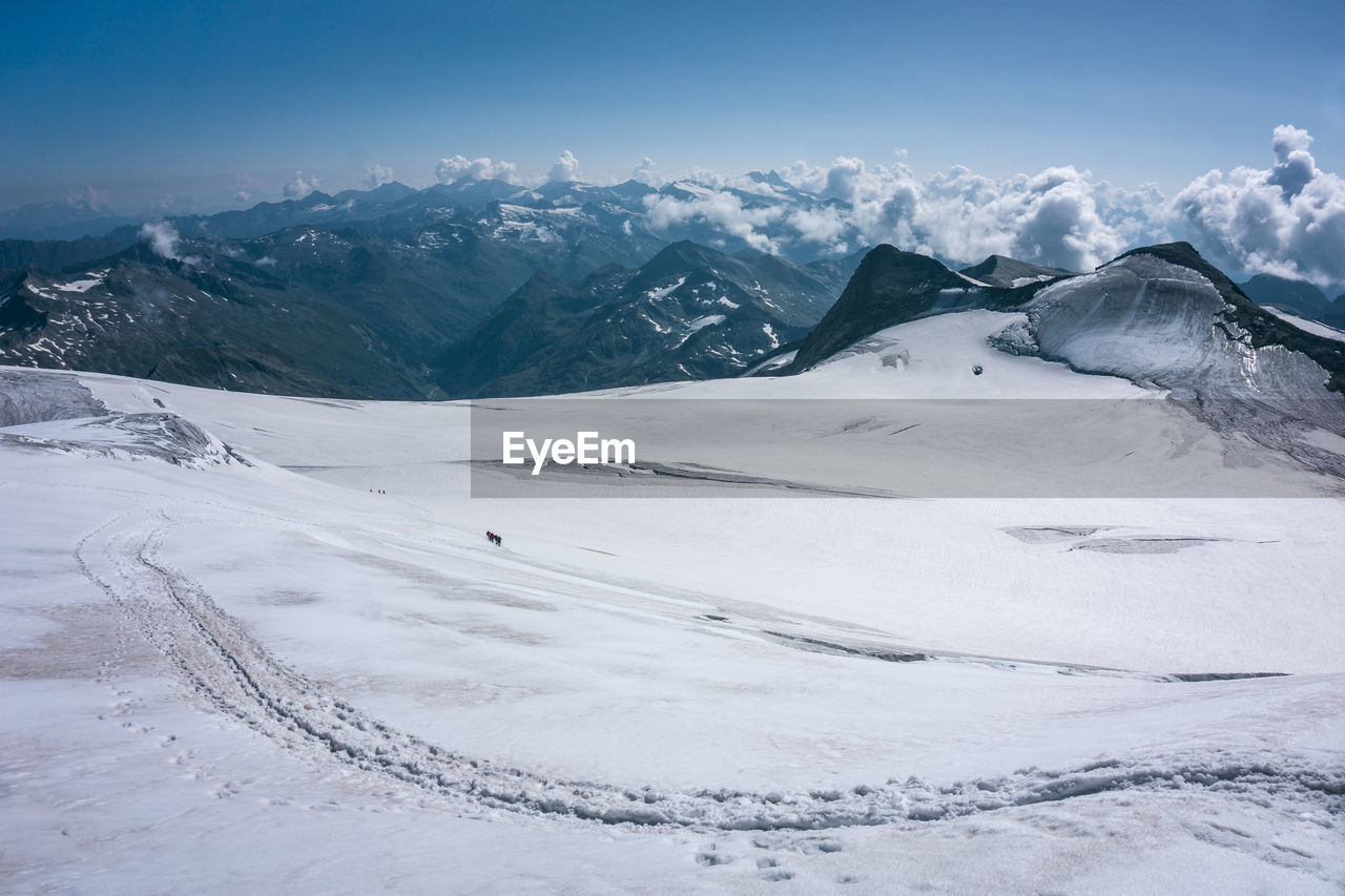 Scenic view of snow covered mountains against sky