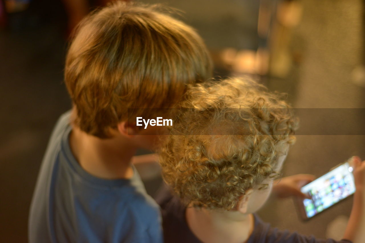 Rear view of boys holding mobile phone at home