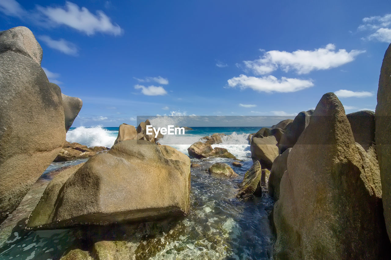 PANORAMIC VIEW OF ROCKS ON BEACH AGAINST SKY