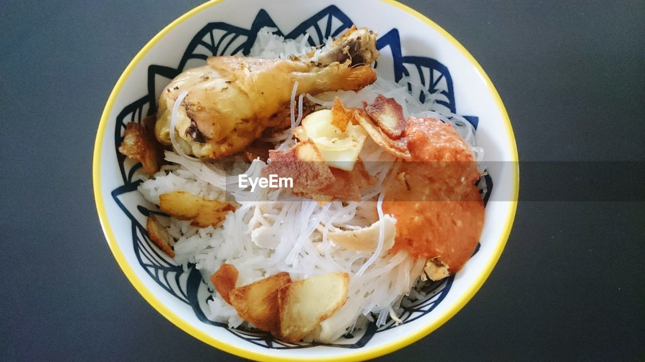 High angle view of breakfast served on table