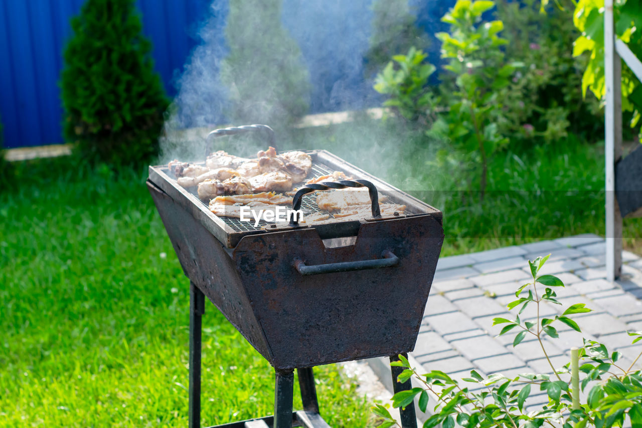 backyard, barbecue, nature, plant, garden, barbecue grill, grass, smoke, meat, day, outdoor grill, front or back yard, heat, burning, food and drink, food, no people, outdoors, fire, green, lawn, yard, cuisine, focus on foreground, freshness, summer, sunlight, flame