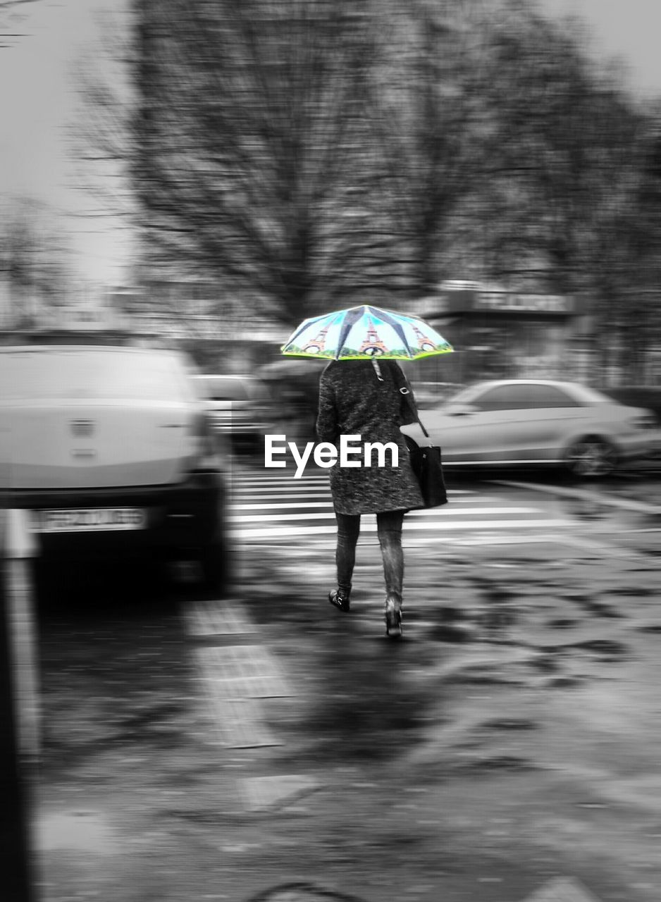 Rear view of woman with umbrella on road during monsoon