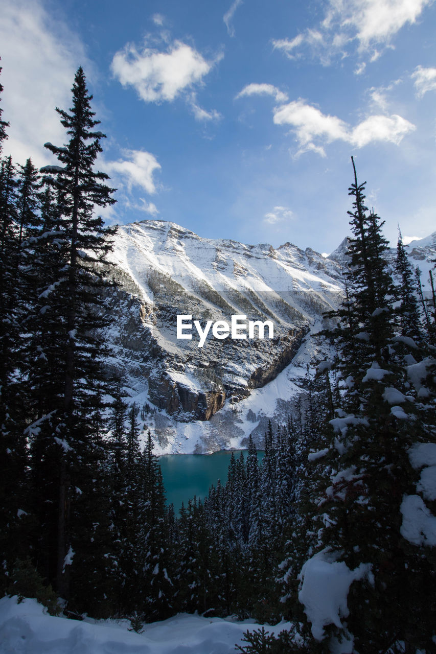 Scenic view of snow covered mountains against sky