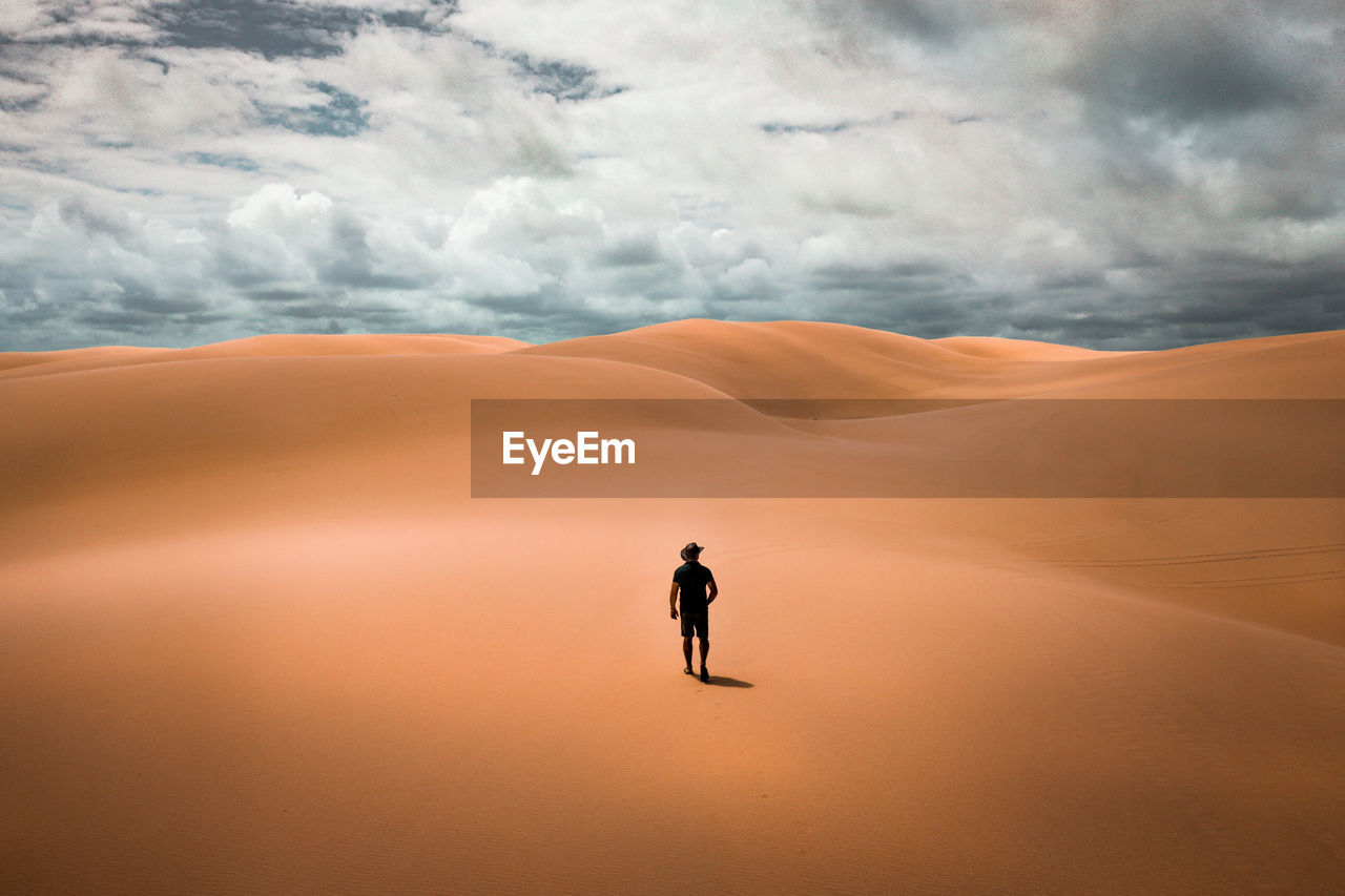 Rear view of man walking at desert