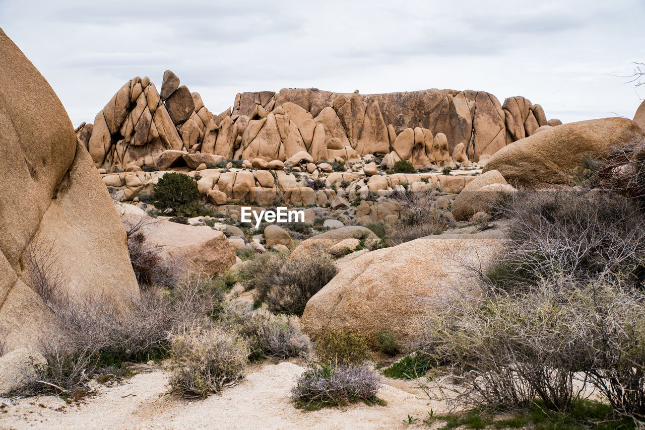 Clearing in middle of large boulder mounds in desert under gray sky