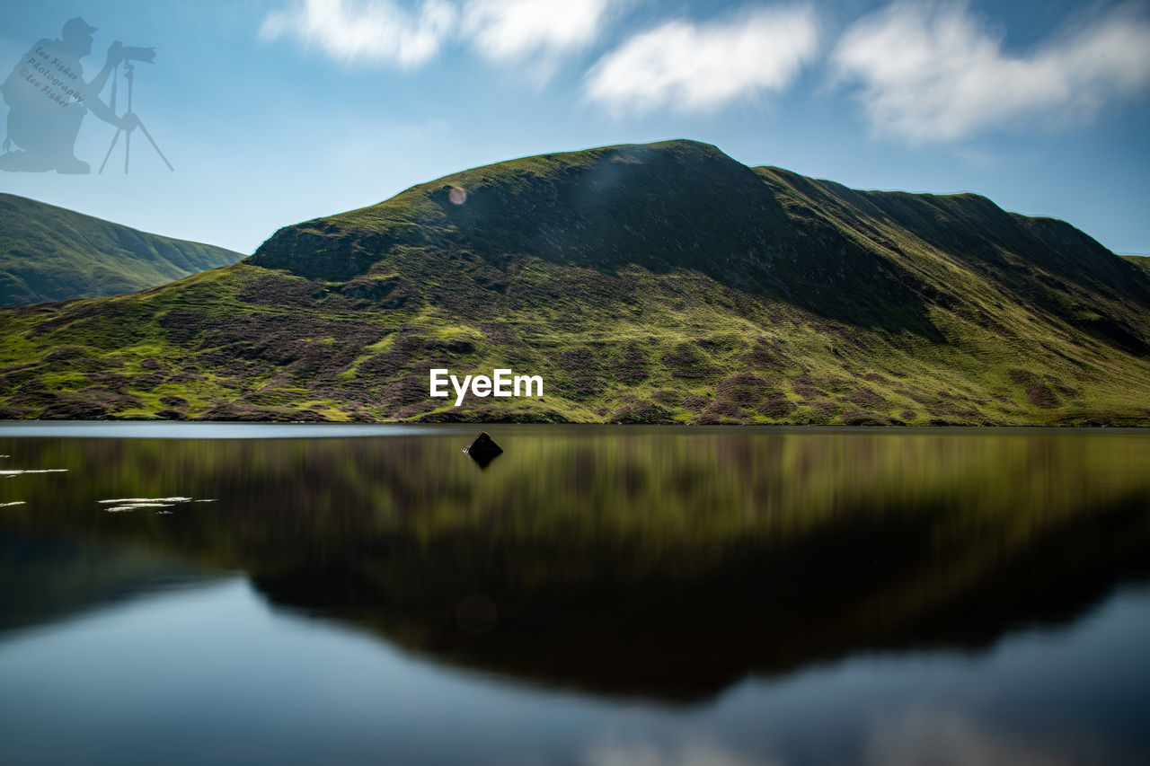 SCENIC VIEW OF LAKE BY MOUNTAIN AGAINST SKY