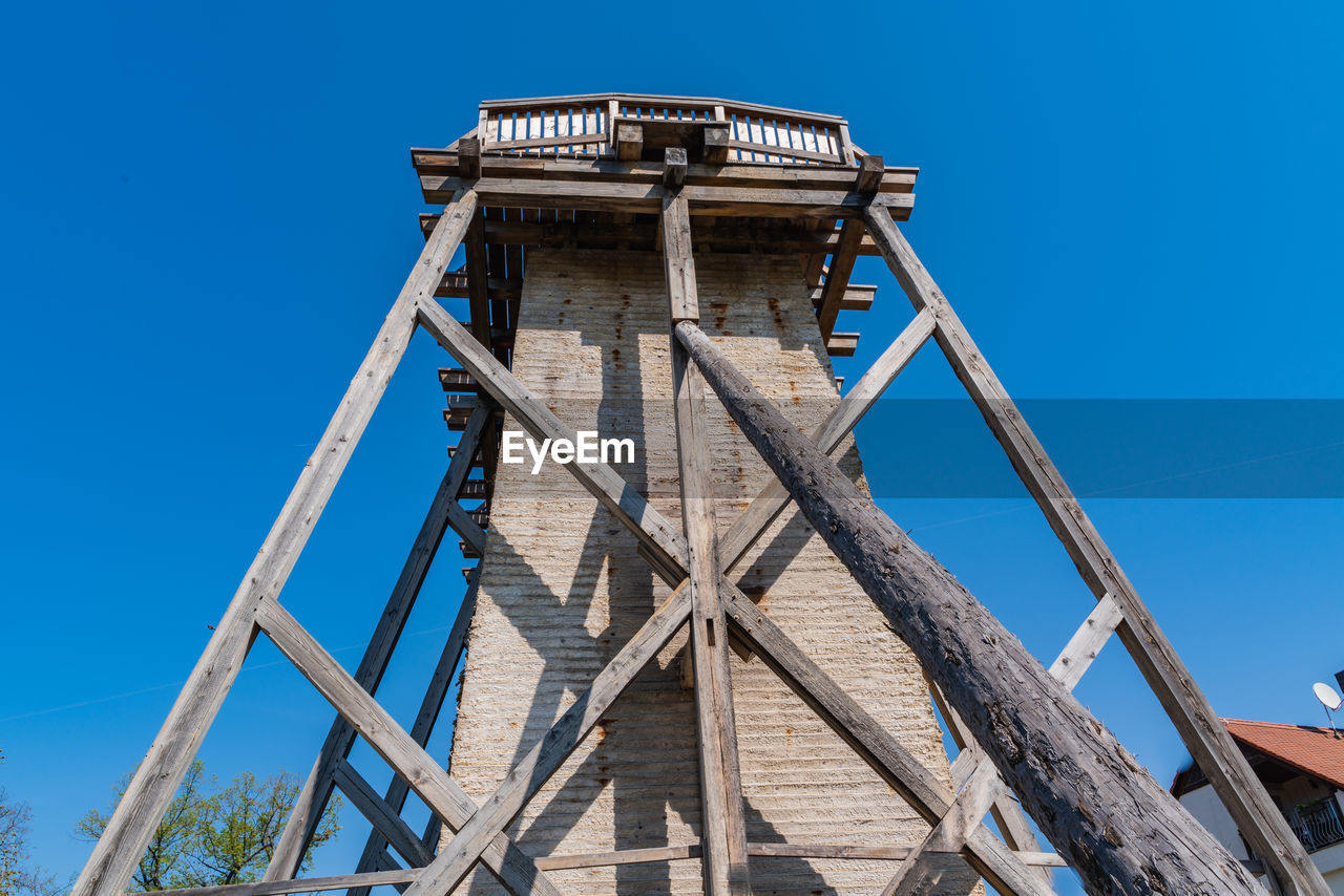 Low angle view of old building against clear blue sky