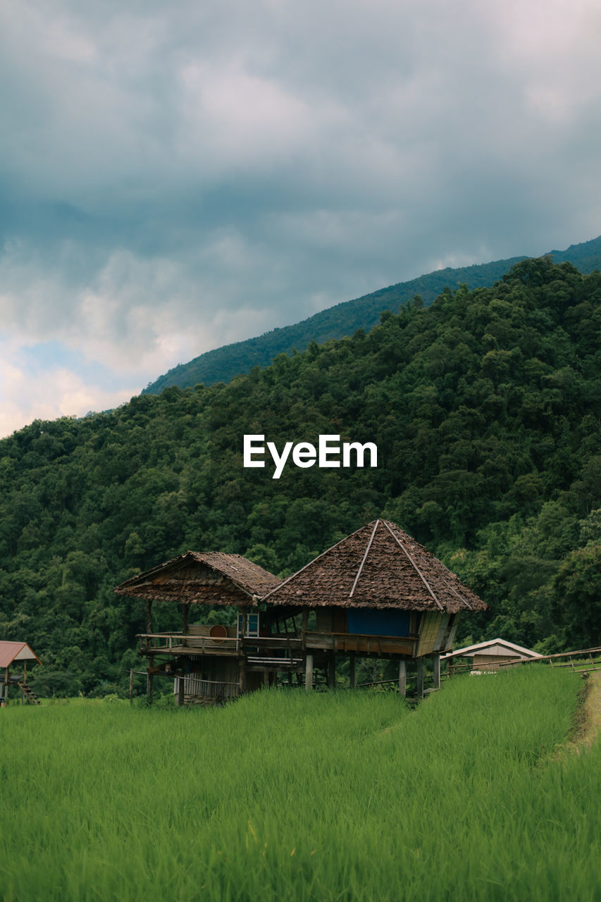 Houses on field against mountain