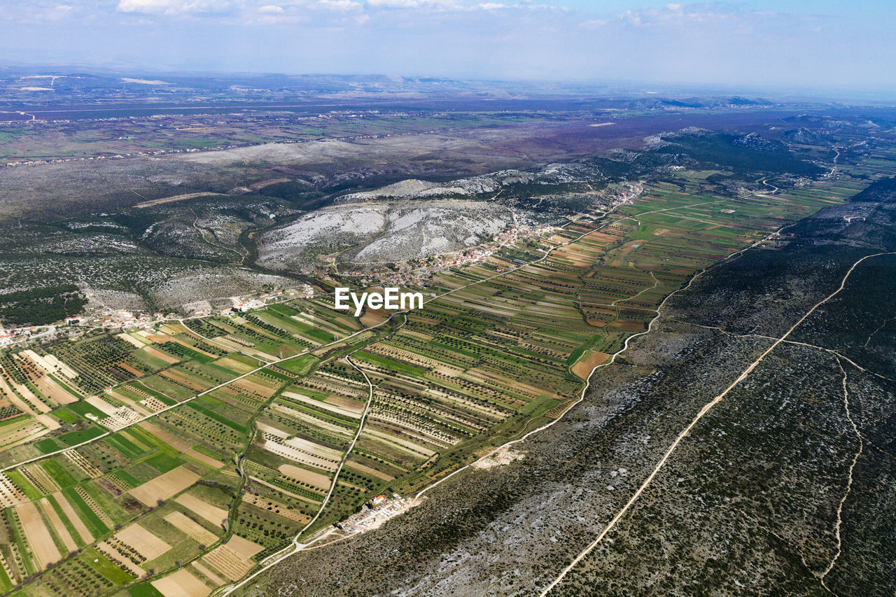 Aerial view of fertile fields in zadar region near adriatic coast