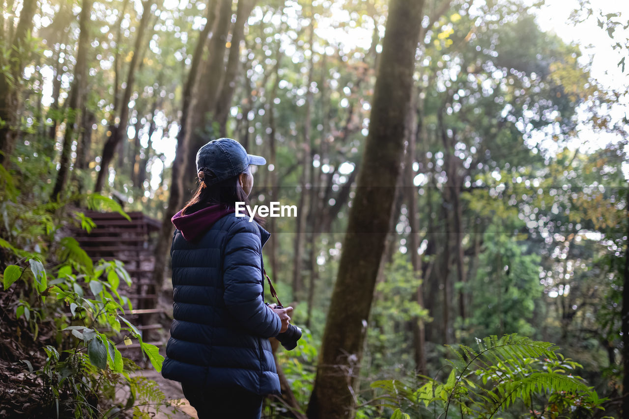 Woman standing amidst trees in forest