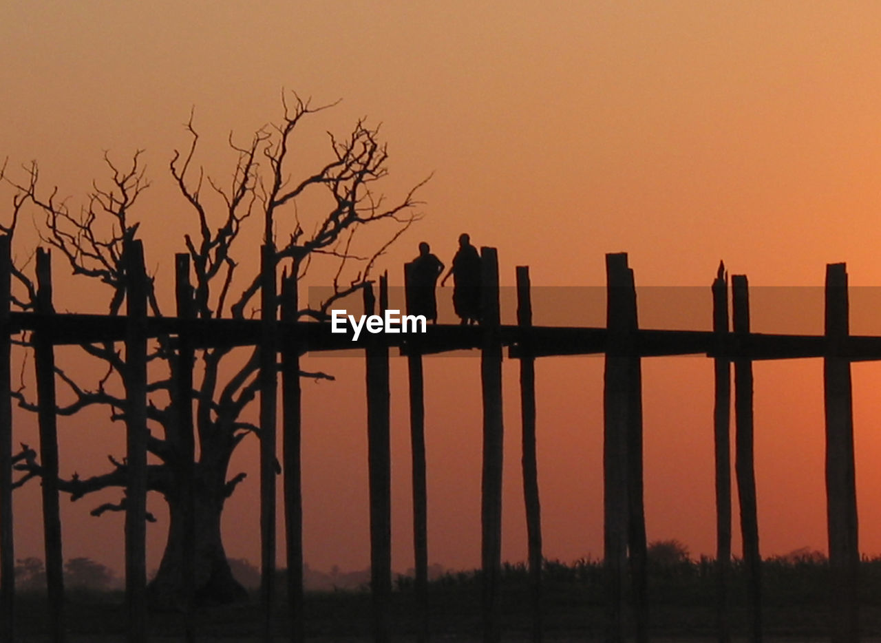 SILHOUETTE BIRDS PERCHING ON WOODEN POST AGAINST ORANGE SKY