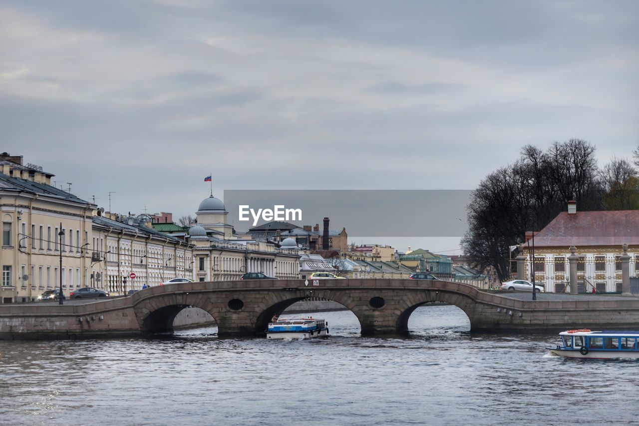 Bridge over river in city against cloudy sky