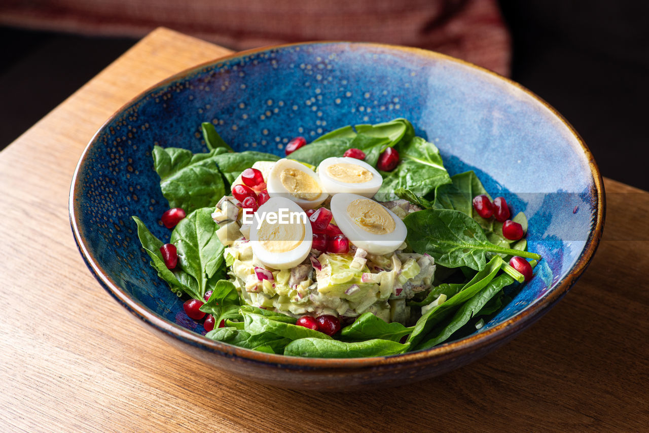 high angle view of food in bowl on table