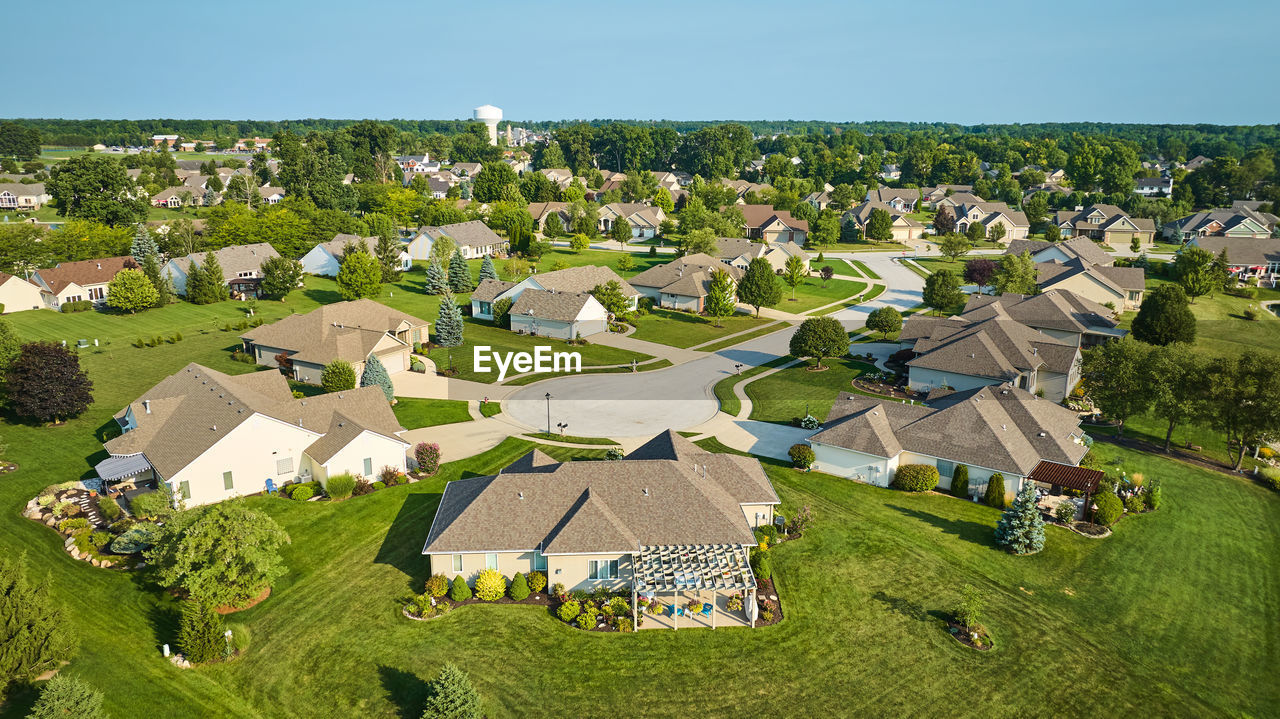 high angle view of townscape against clear sky