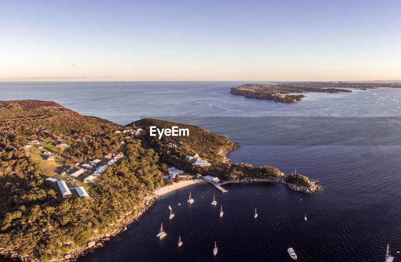 Aerial drone evening view of historical north head quarantine station in manly, -sydney, australia