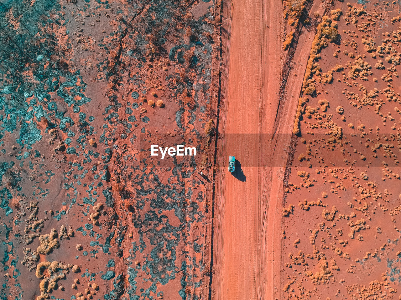 Drone shot of car moving on landscape