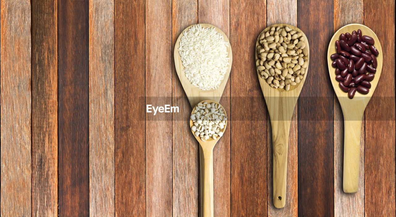 HIGH ANGLE VIEW OF WHEAT ON WOODEN TABLE