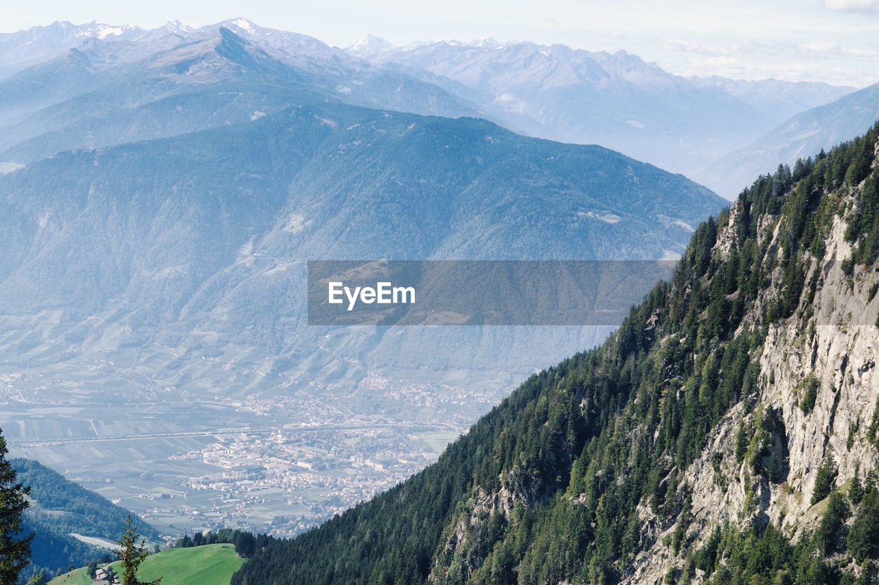 High angle view of mountain range against sky