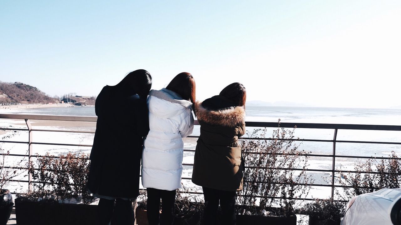 Rear view of female friends standing by railing against sea