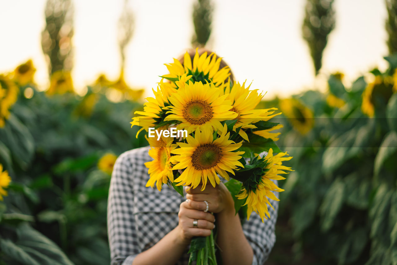 Beautiful young woman with sunflowers enjoying nature and laughing on summer sunflower field.