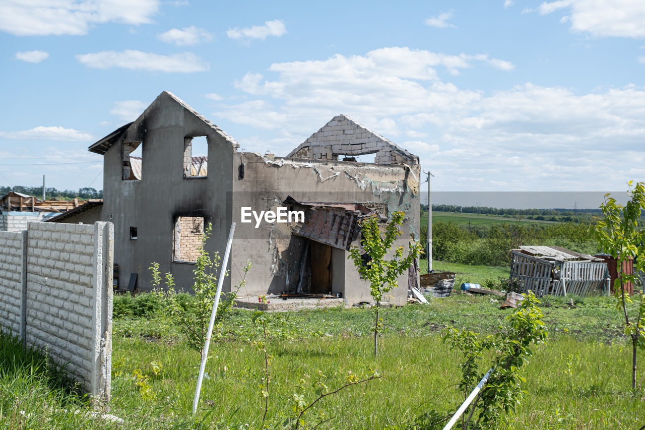 War in ukraine 2022. destroyed, bombed and burned residential building after russian missiles