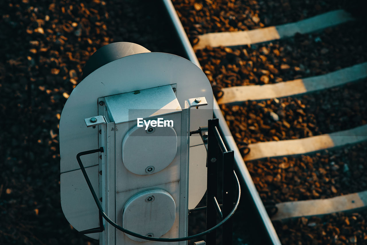 High angle view of signal by railroad tracks