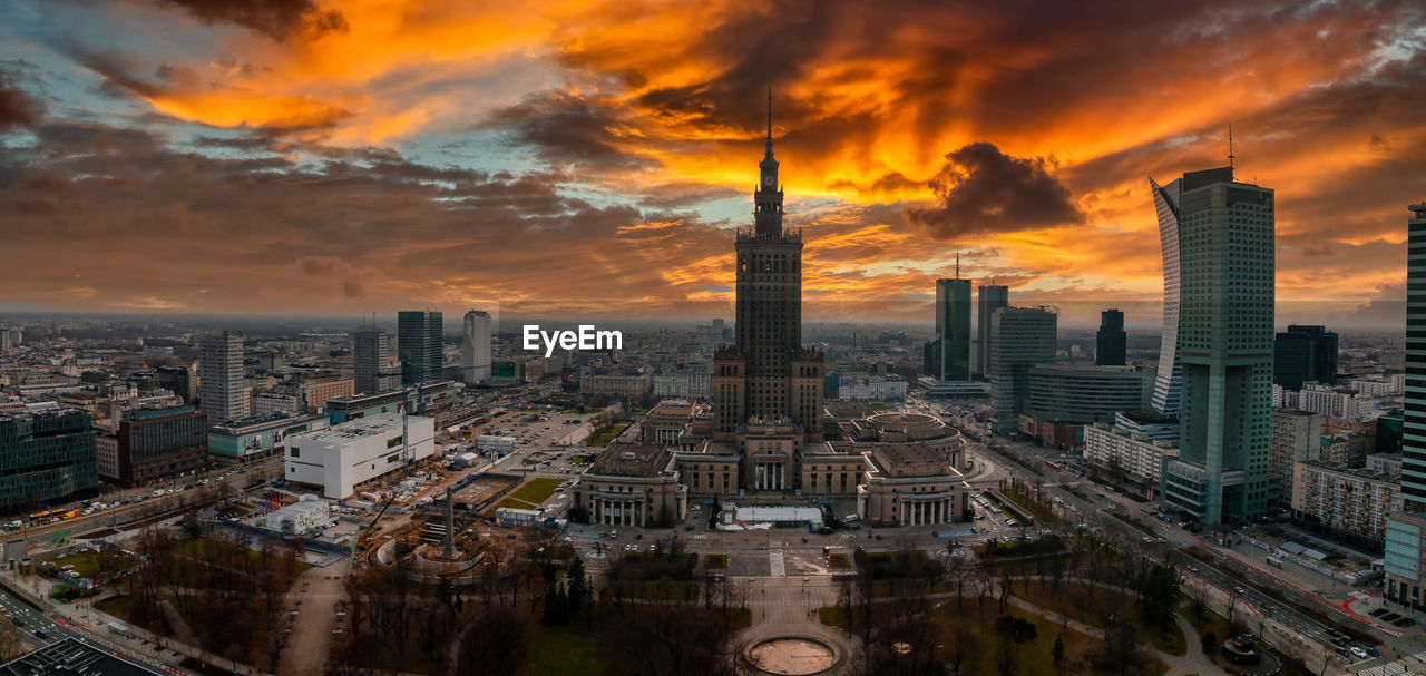 Aerial view of palace of culture and science and downtown business skyscrapers in warsaw
