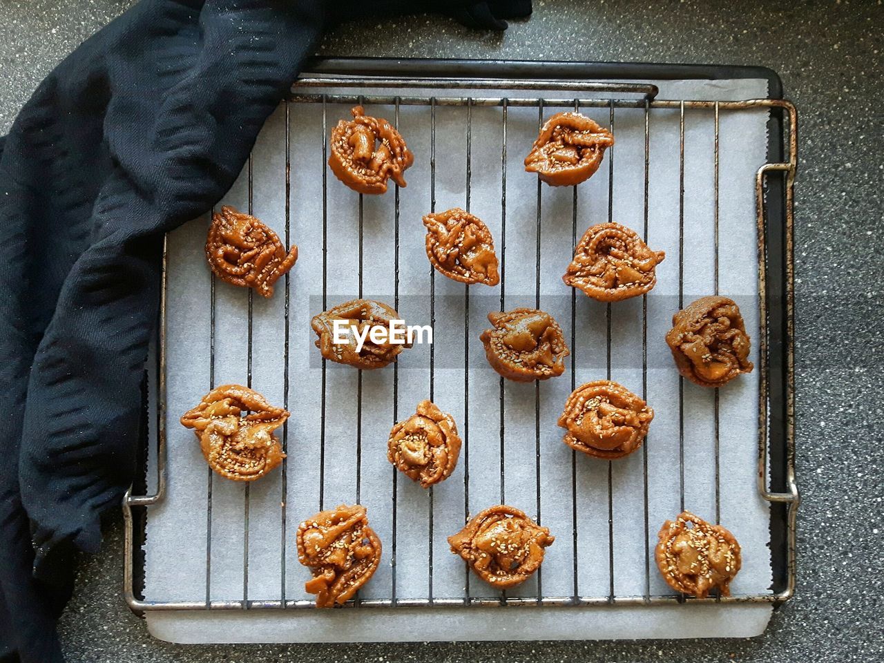 High angle view of sweet food on baking sheet
