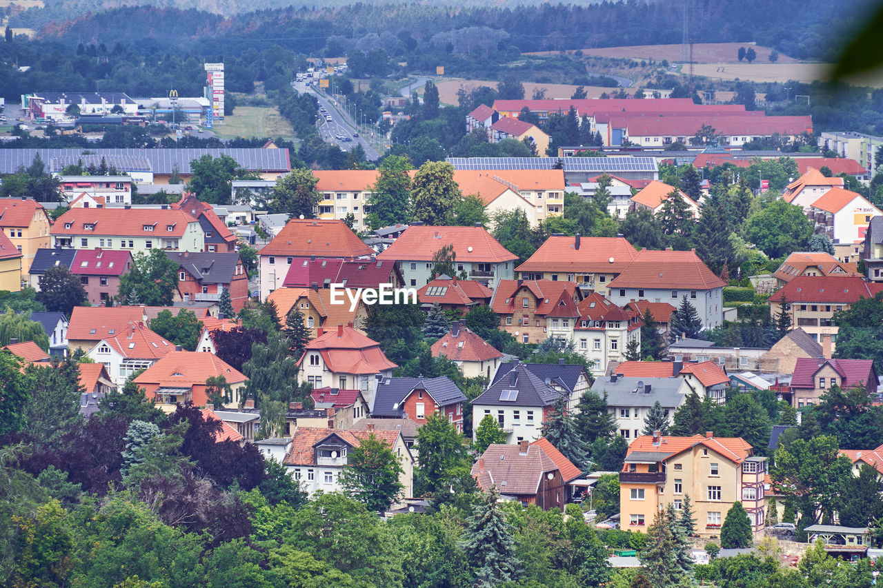 High angle view of buildings in city