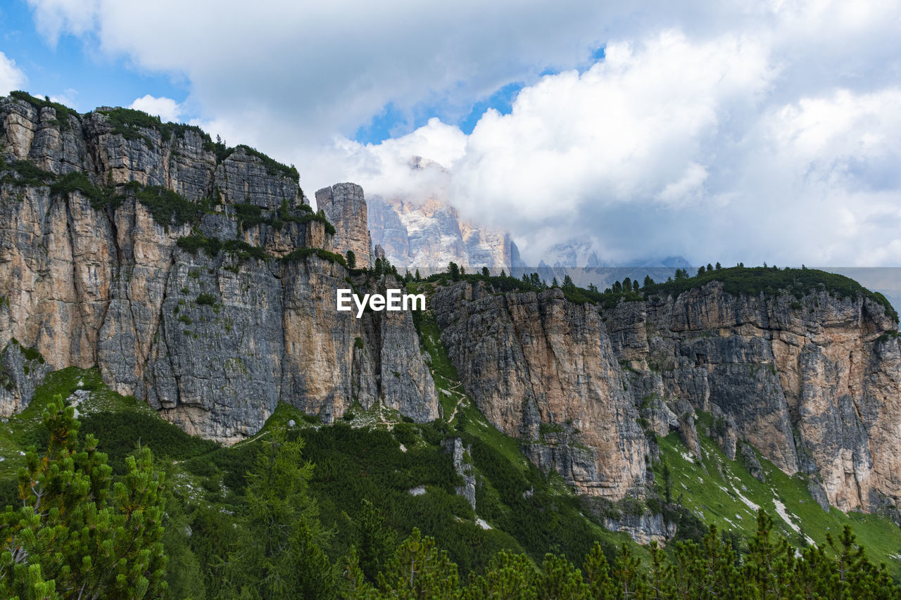 Low angle view of rocks against cloudy sky