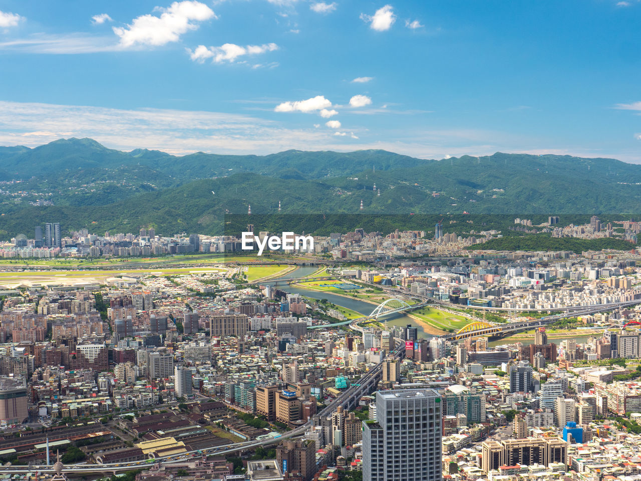 High angle view of townscape against sky