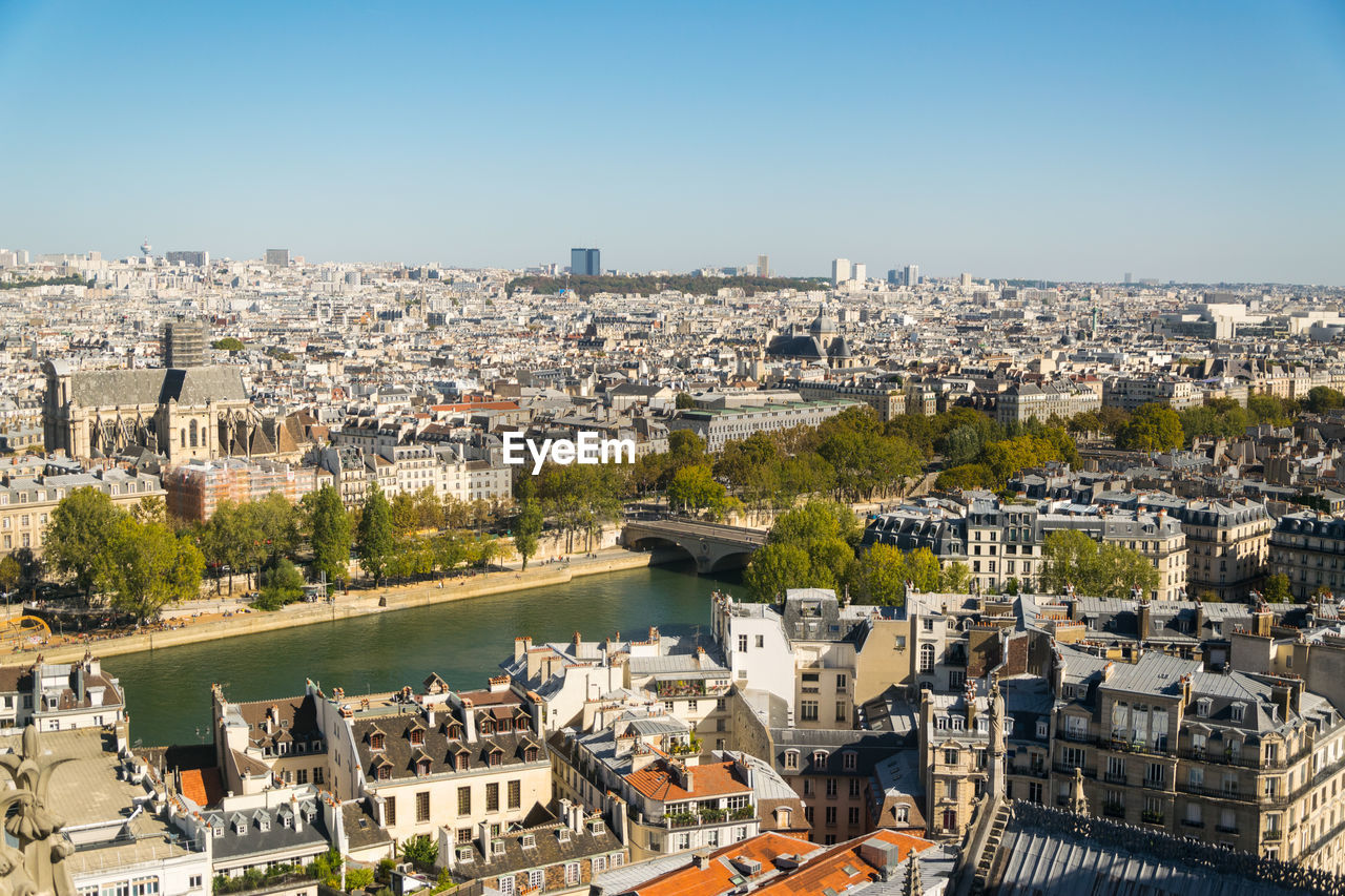  view on paris from roof of notre dame cathedral on bright sunny day