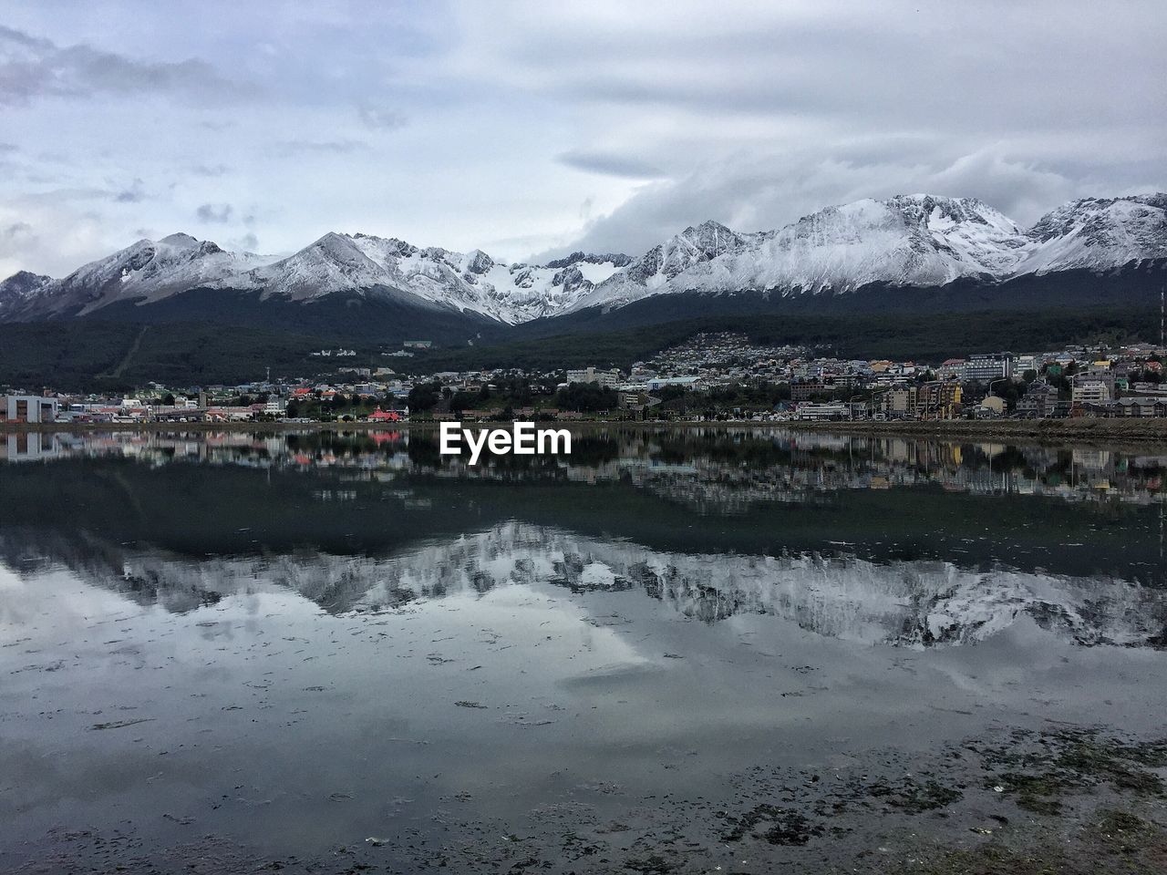 SWAN IN LAKE AGAINST MOUNTAINS