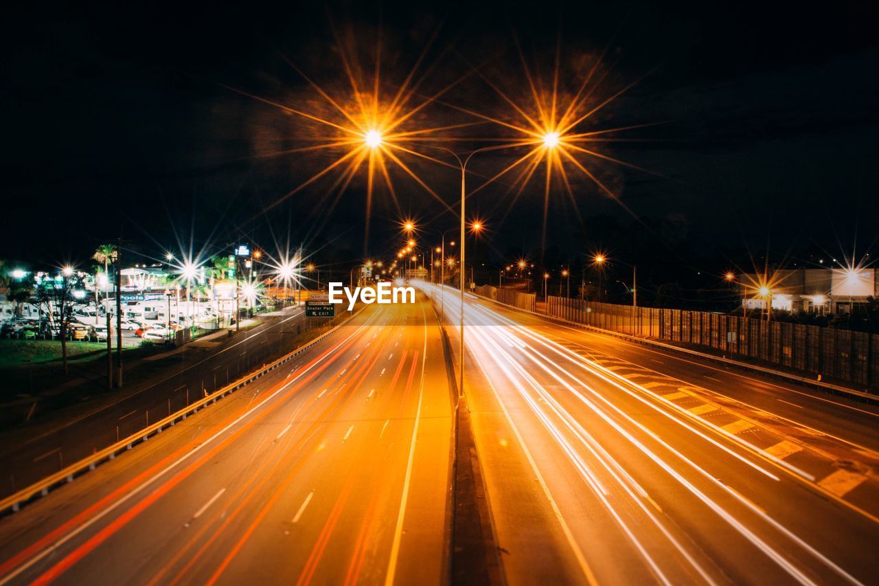 Light trails on road at night